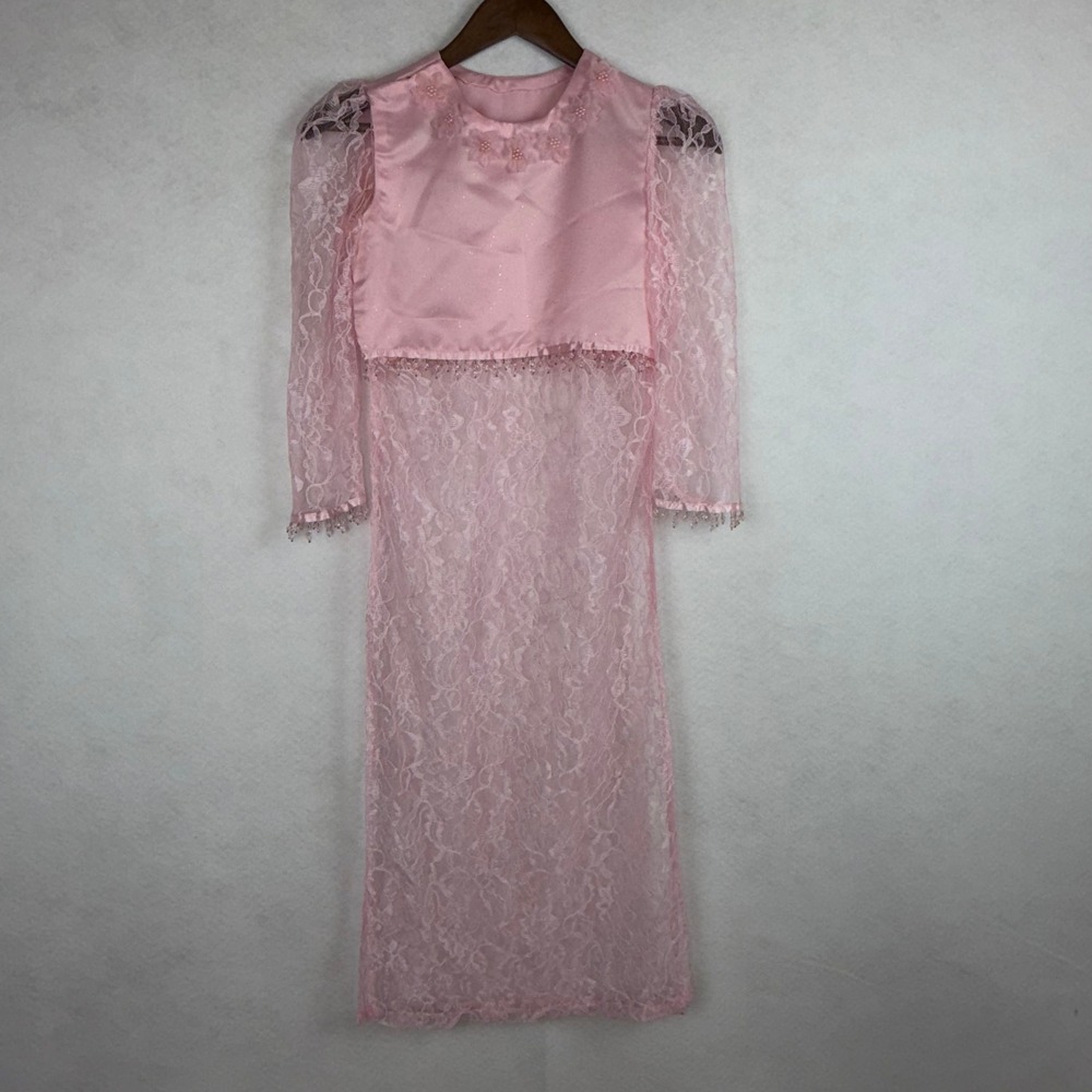 Vietnamese Ao Dai Women Small Pink Lace Beaded Floral Formal Tunic Only